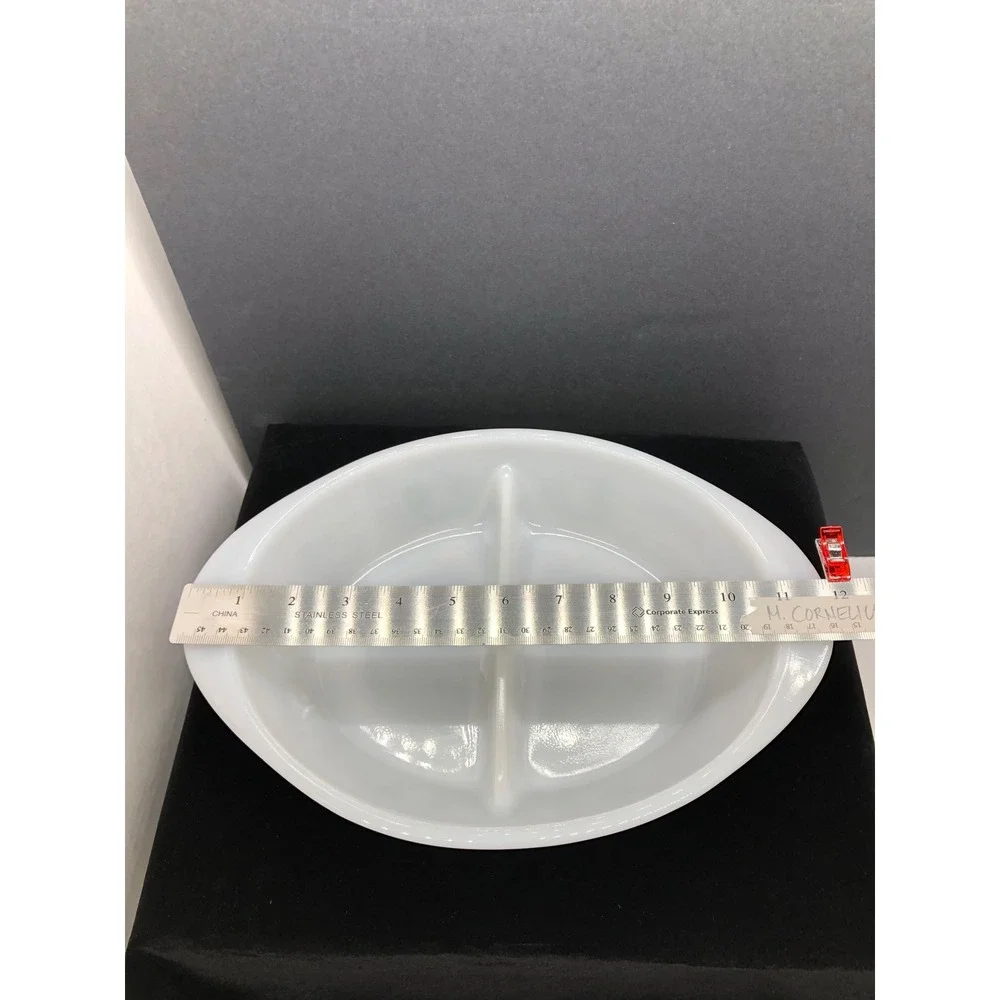 Glasbake J2352 Milk Glass Divided Serving Dish Green Floral Vine Oval Vintage